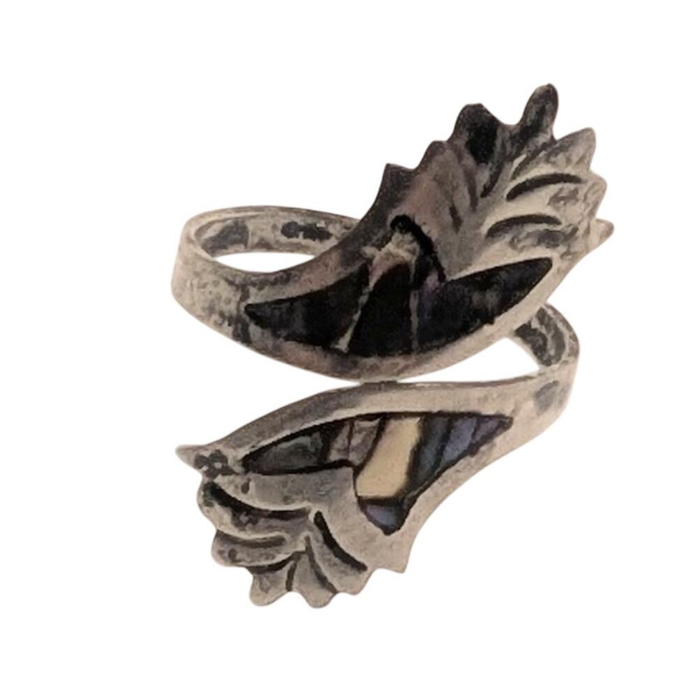 Sterling Silver Abalone Leaf Adjustable Bypass Ring Size 6 Vintage - Picture 2 of 10